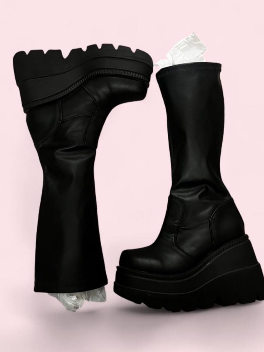 Black Demonia Shaker-65 Platform Knee-High Boots